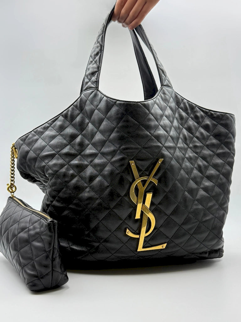 (AJ61) YSL Black Lambskin Quilted Maxi Icare Tote Bag, Gold Hardware
