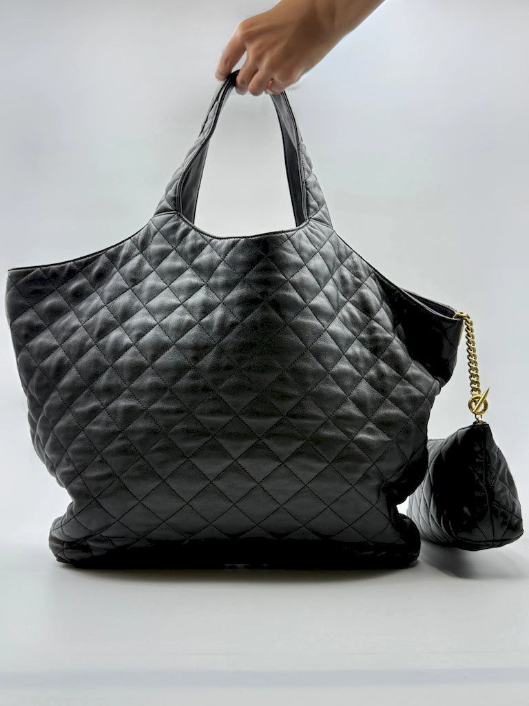 (AJ61) YSL Black Lambskin Quilted Maxi Icare Tote Bag, Gold Hardware