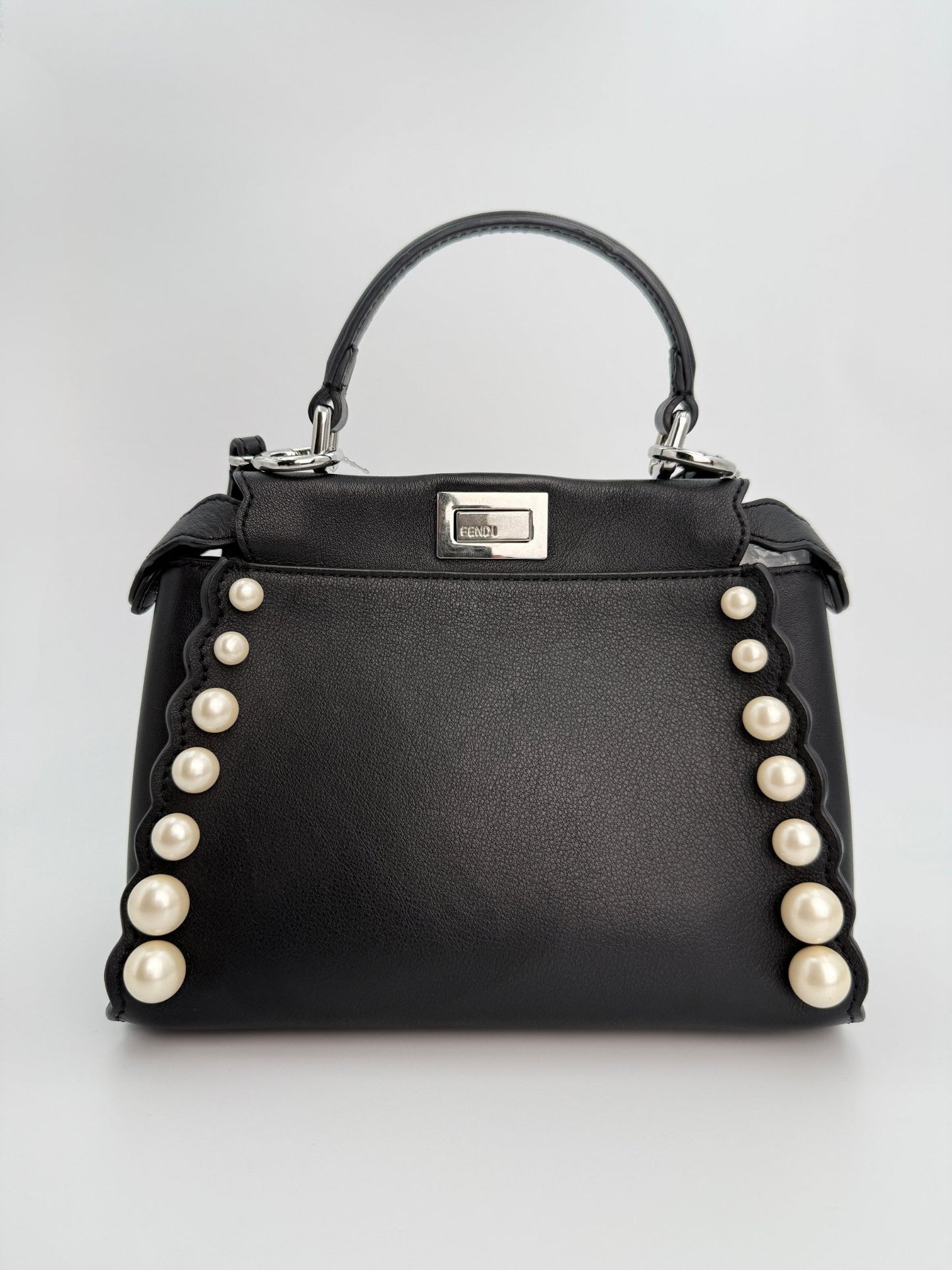 (AJ17) Fendi Black Calf Leather Pearl Embellished Small Peekaboo, Silver Hardware