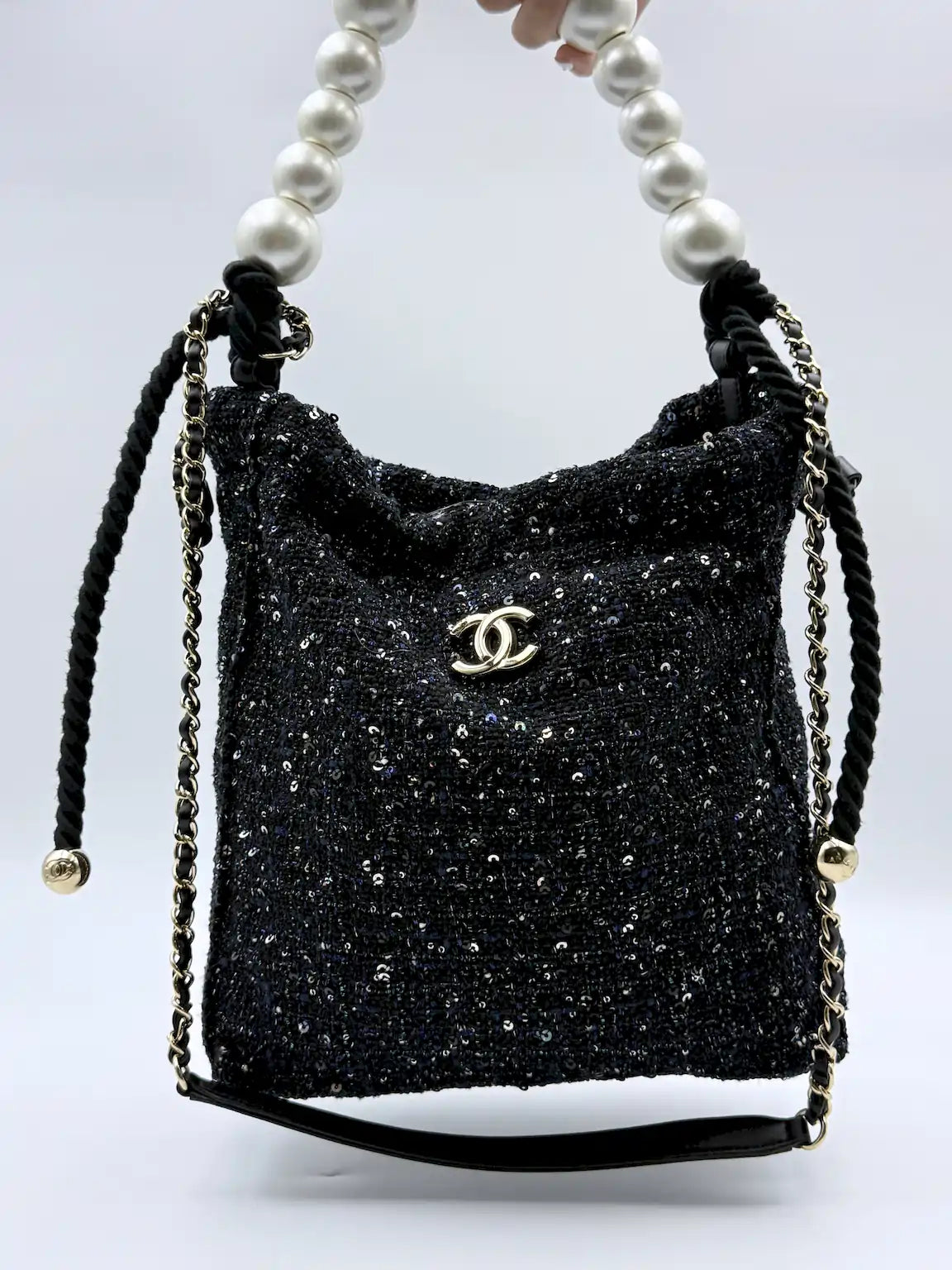(AJ57) Chanel Limited 19S Black/Blue Tweed Sequin Oversized Pearl Small Tote Bag, Champagne Gold Hardware