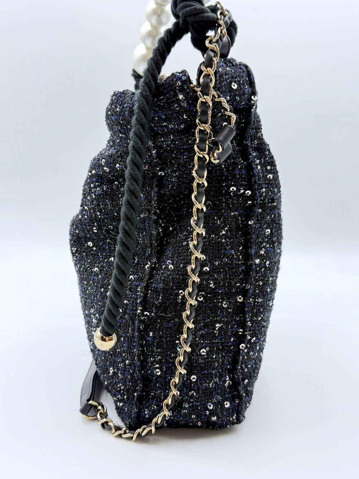 (AJ57) Chanel Limited 19S Black/Blue Tweed Sequin Oversized Pearl Small Tote Bag, Champagne Gold Hardware