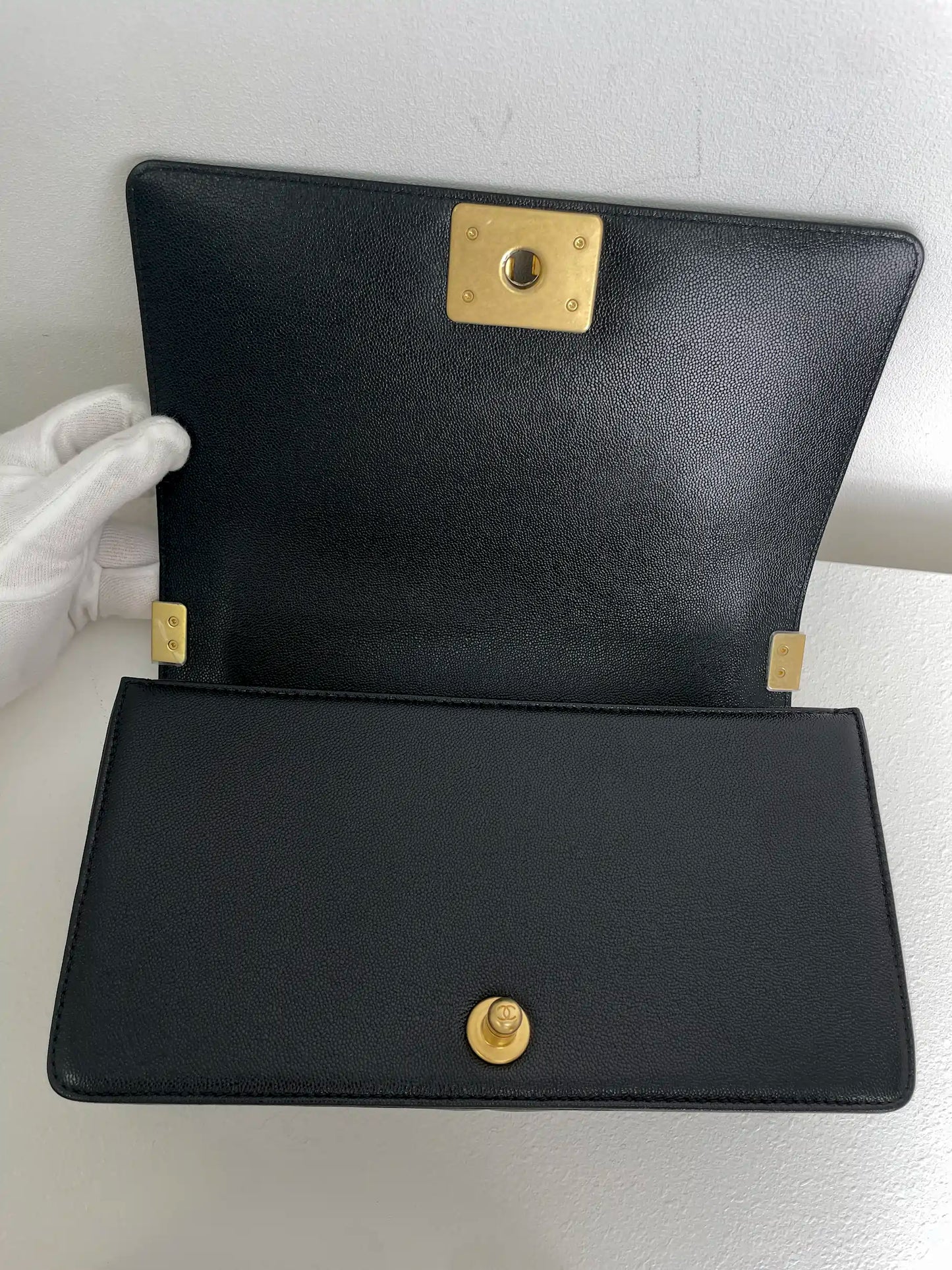 (A33) Chanel Black Caviar Chevron Medium LeBoy Antique Gold Hardware
