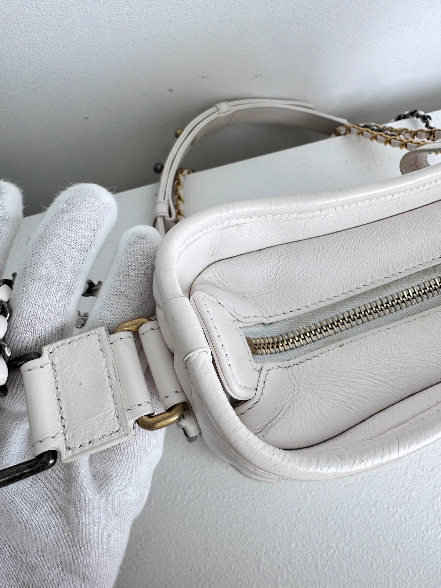 (A18) Chanel White Calfskin Chevron Small Gabrielle Gold/Silver/Ruthenium Hardware Series 29 Year 2020 Light Mark on Bottom