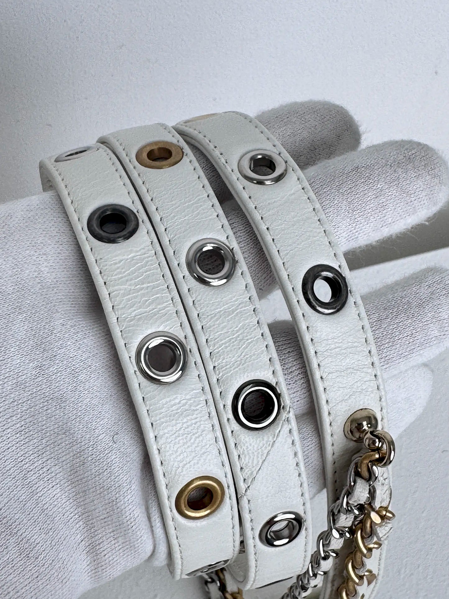 (A44) Chanel White Aged Calfskin 2021 Punk Chain Belt Bag Gold Hardware