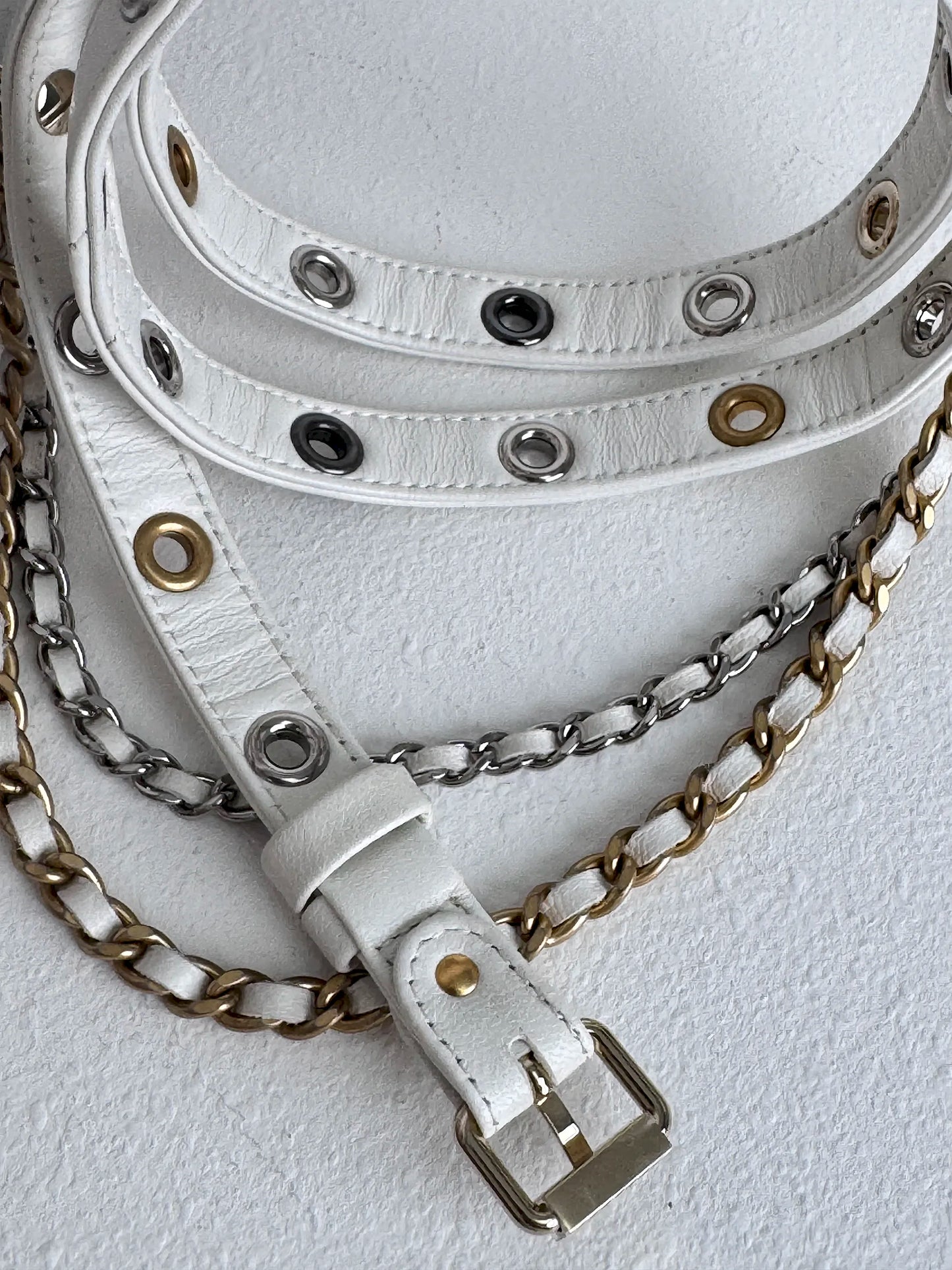 (A44) Chanel White Aged Calfskin 2021 Punk Chain Belt Bag Gold Hardware