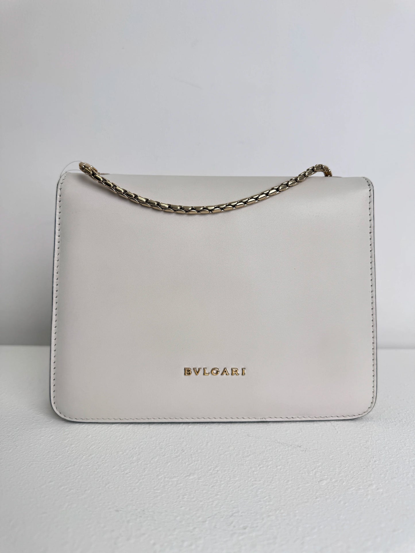 (A46) Bvlgari Off White Leather Studded Small Serpenti Forever Shoulder Bag Calfskin Champagne Gold Hardware