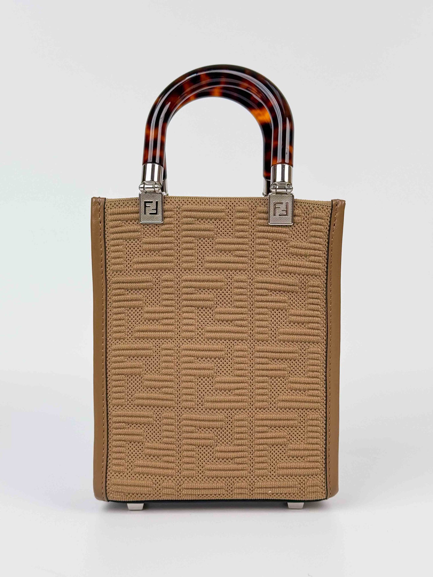 (A63) Fendi Beige Fabric FF Logo Mini Sunshine Shopper Shoulder Bag Silver Hardware
