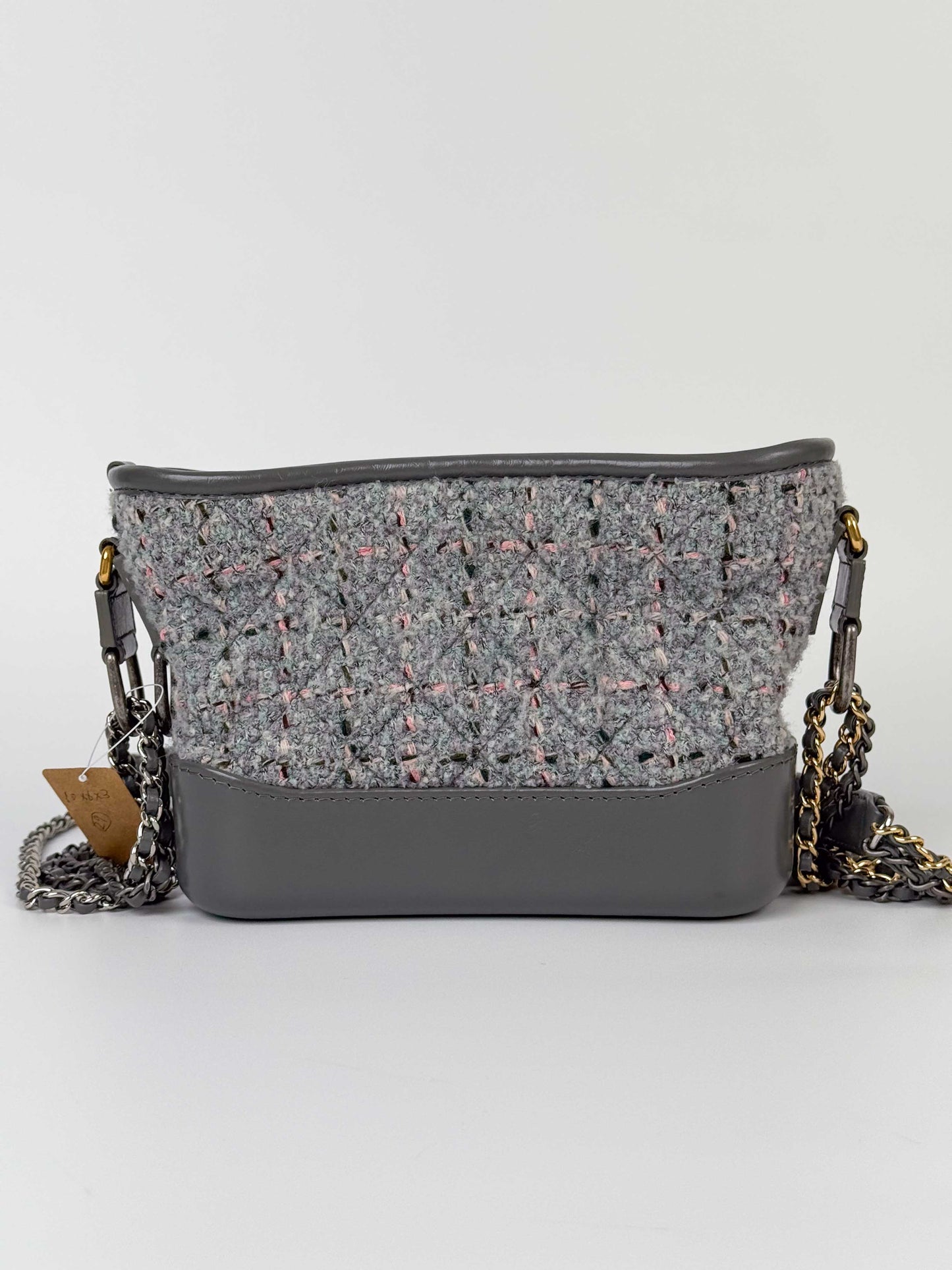 (A91) Chanel Grey Calf Leather/Tweed Small Gabrielle Hobo Bag Multi-Tone Hardware