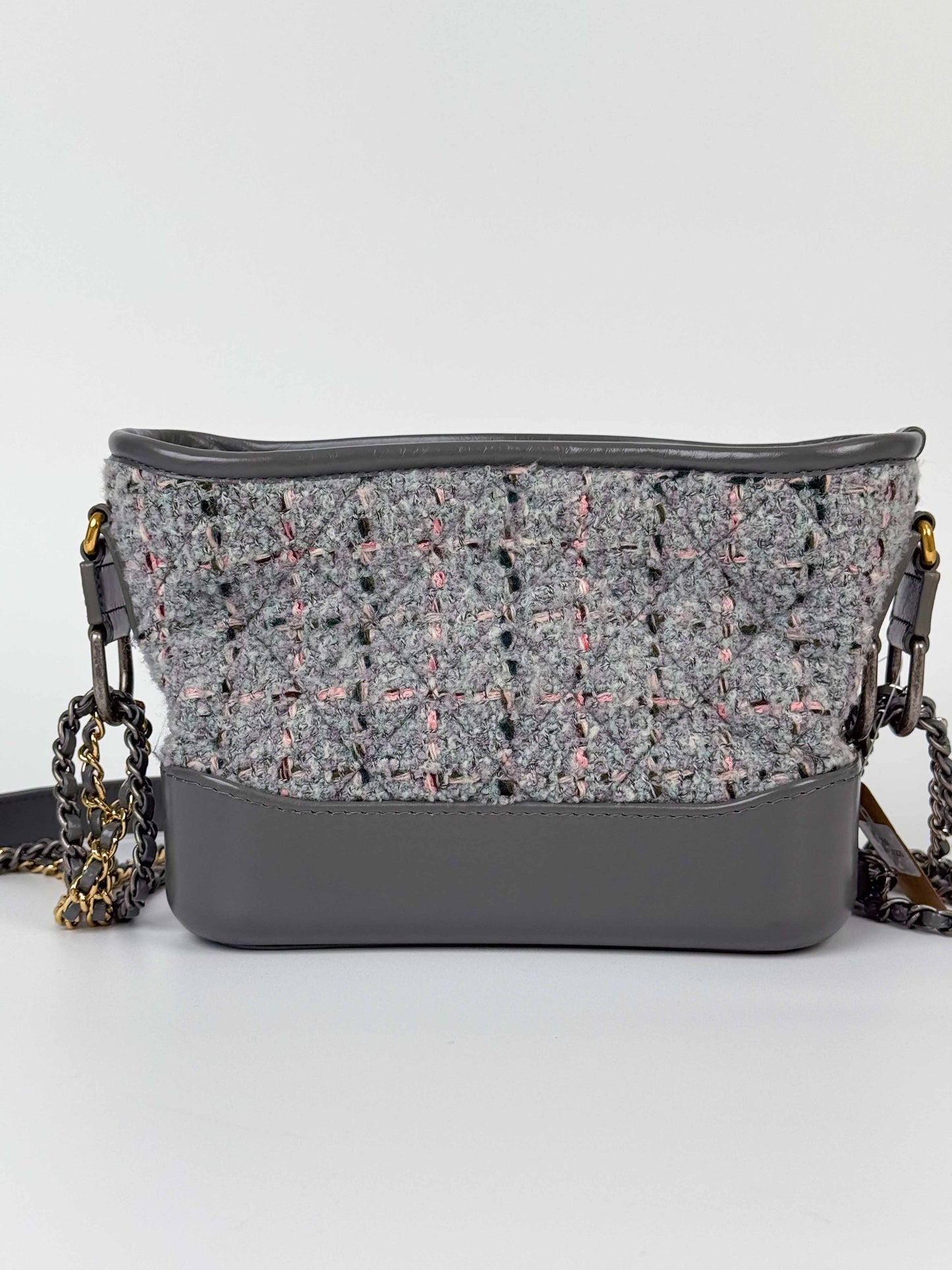 (A91) Chanel Grey Calf Leather/Tweed Small Gabrielle Hobo Bag Multi-Tone Hardware