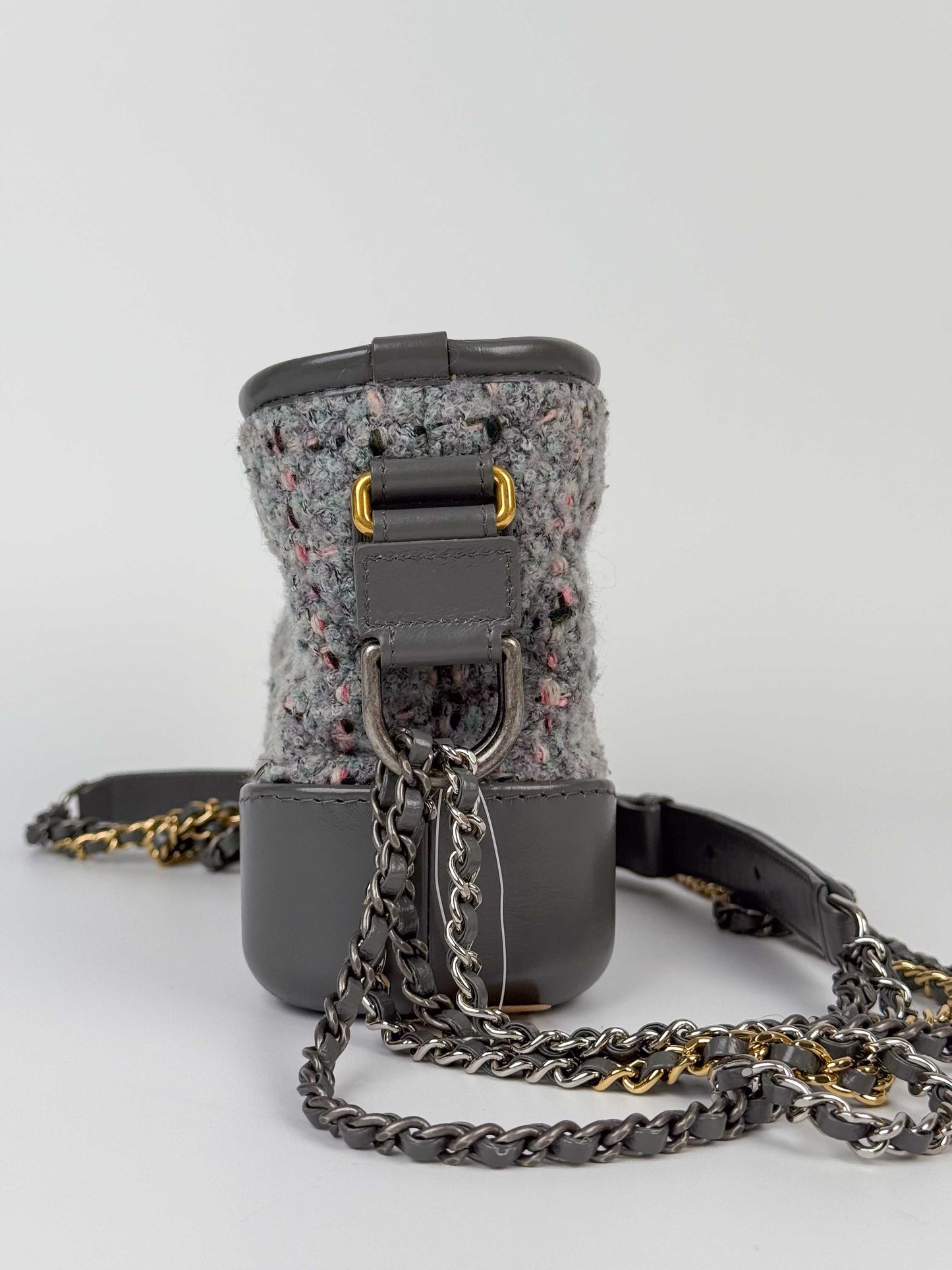 (A91) Chanel Grey Calf Leather/Tweed Small Gabrielle Hobo Bag Multi-Tone Hardware
