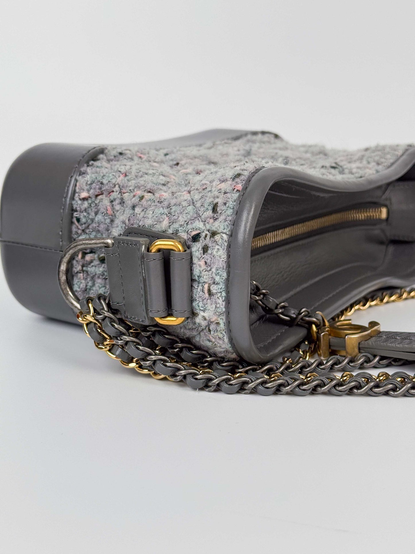 (A91) Chanel Grey Calf Leather/Tweed Small Gabrielle Hobo Bag Multi-Tone Hardware