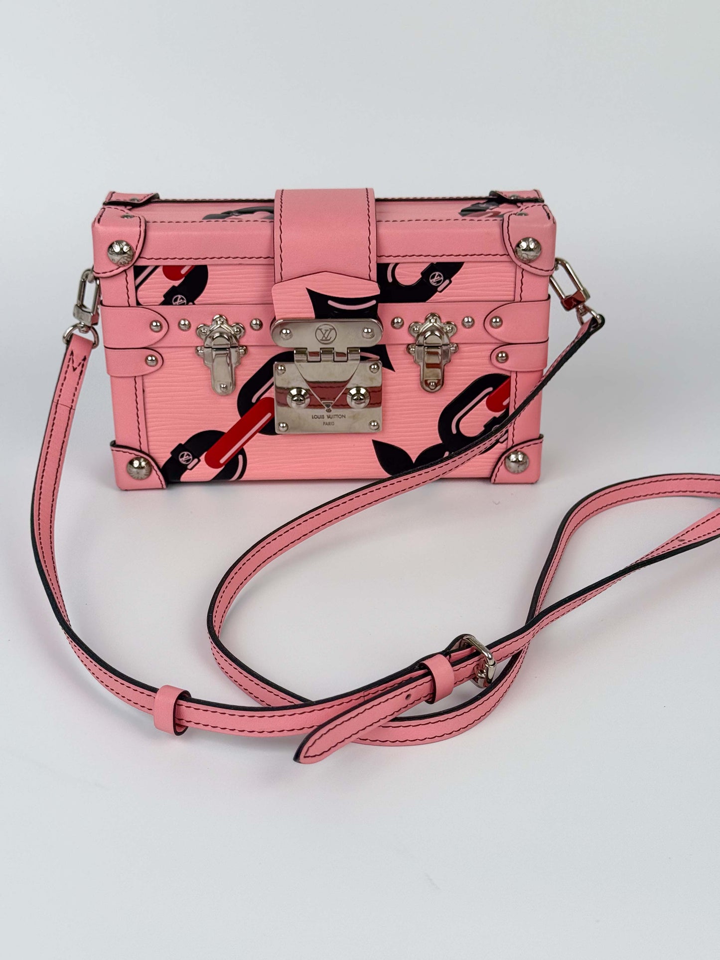 (A88) Louis Vuitton Epi Chain Flower Petite Malle Pink Crossbody Bag Silver Hardware