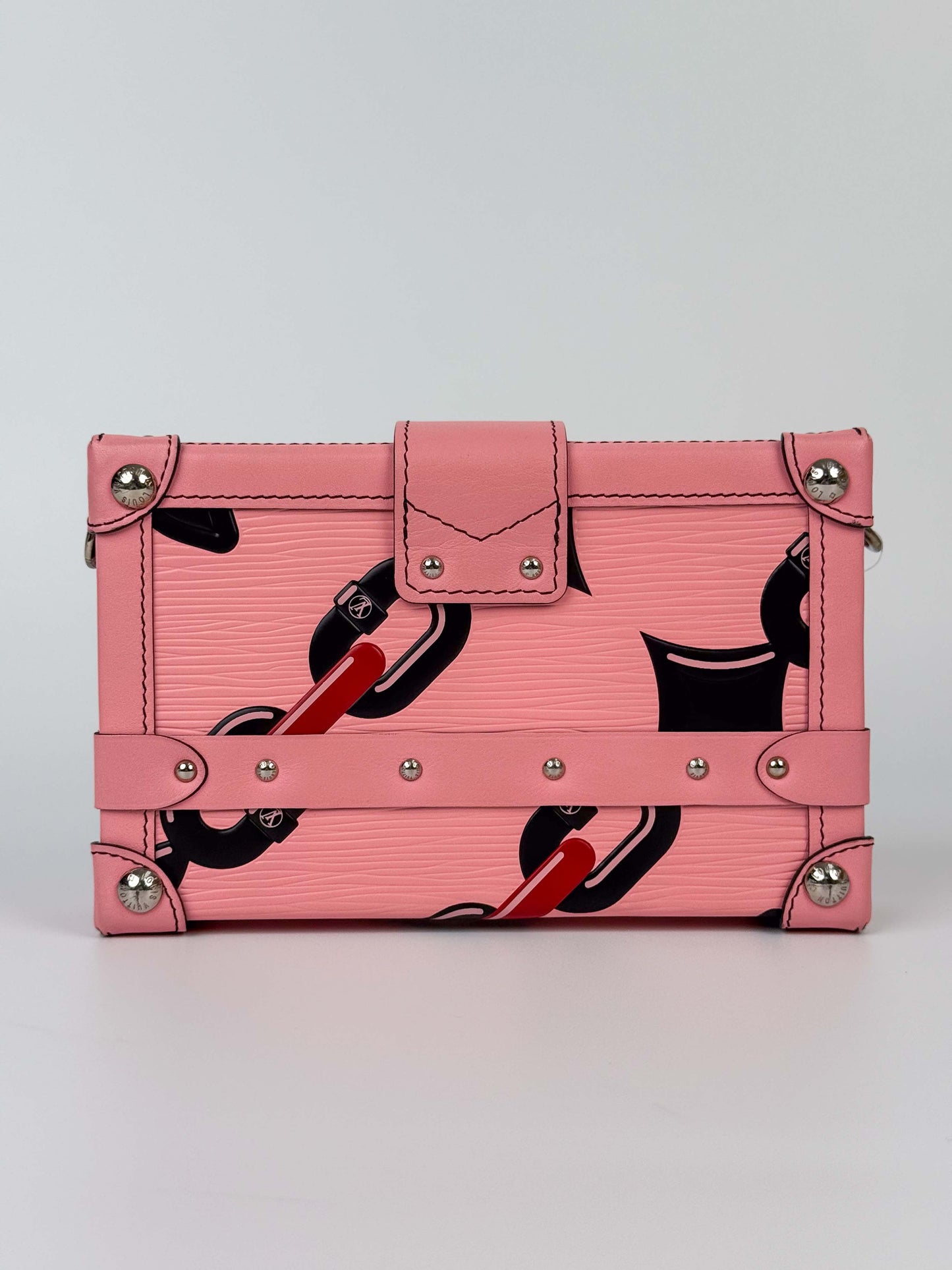 (A88) Louis Vuitton Epi Chain Flower Petite Malle Pink Crossbody Bag Silver Hardware