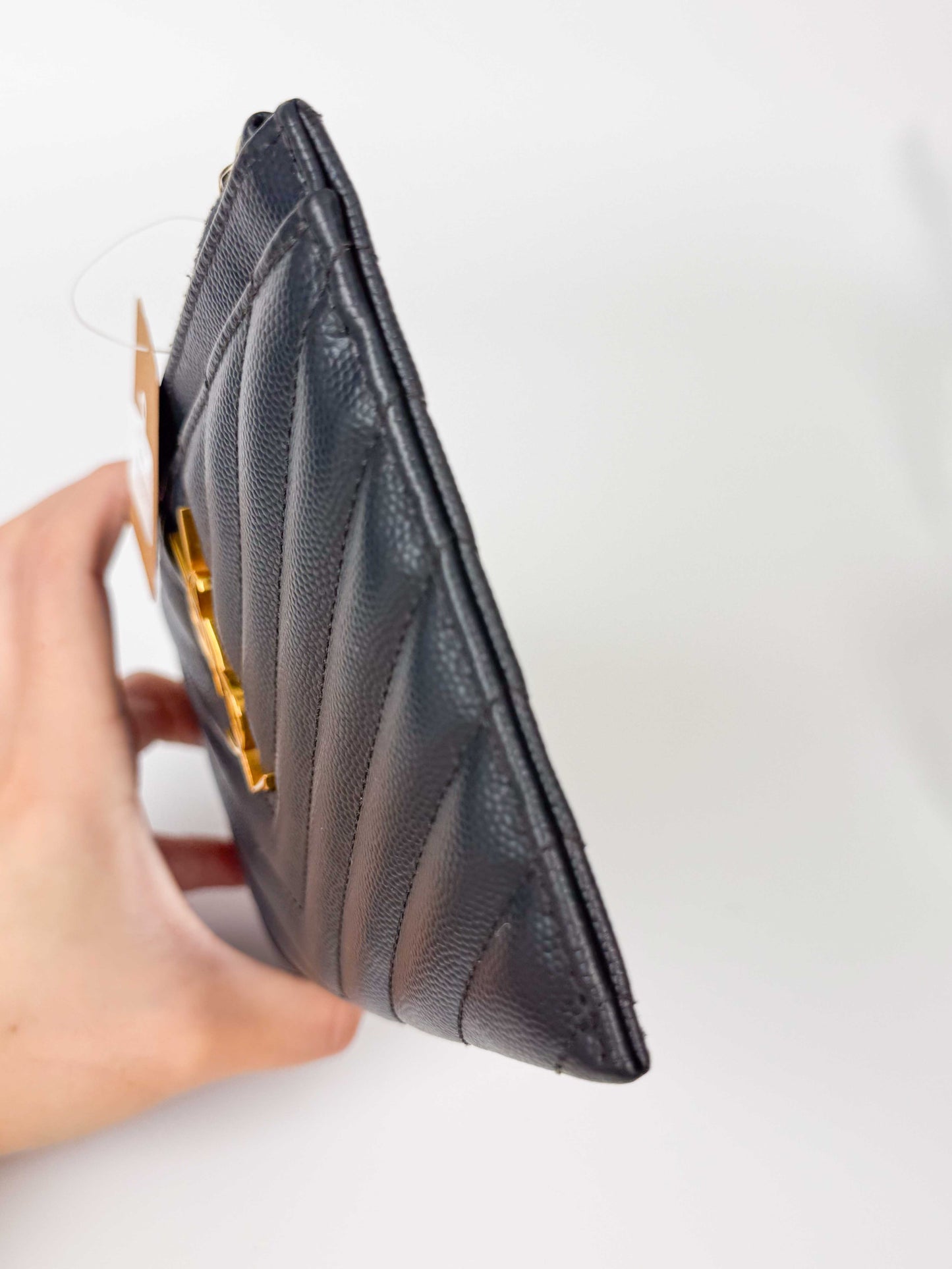 (A114) YSL Grey Chevron Caviar Pouch, Gold Hardware