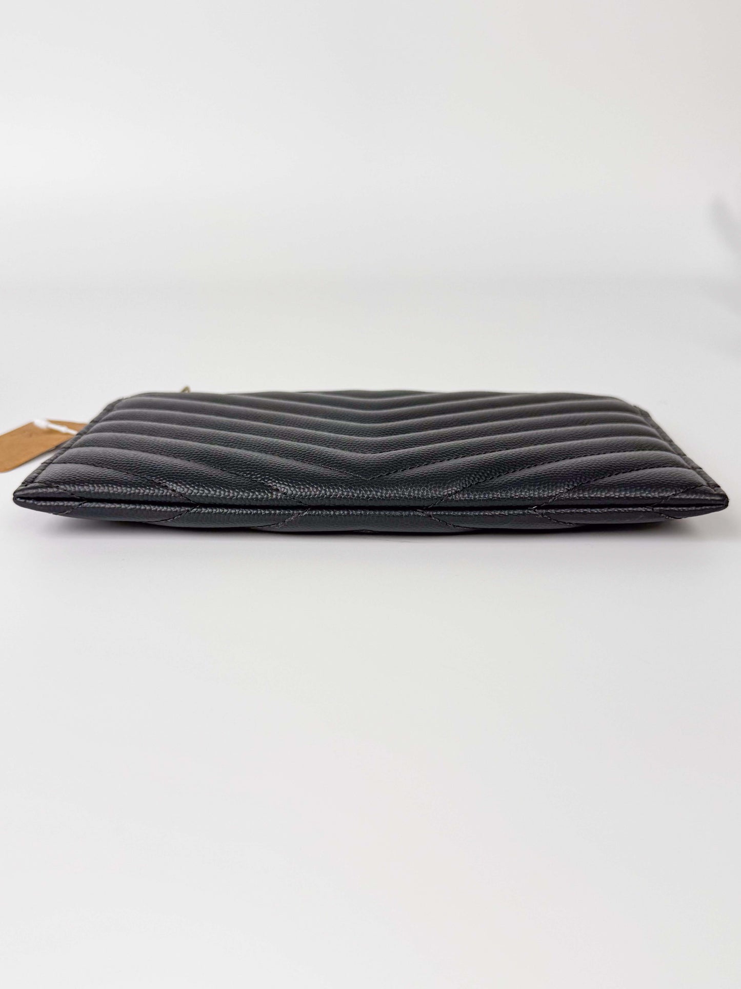 (A114) YSL Grey Chevron Caviar Pouch, Gold Hardware
