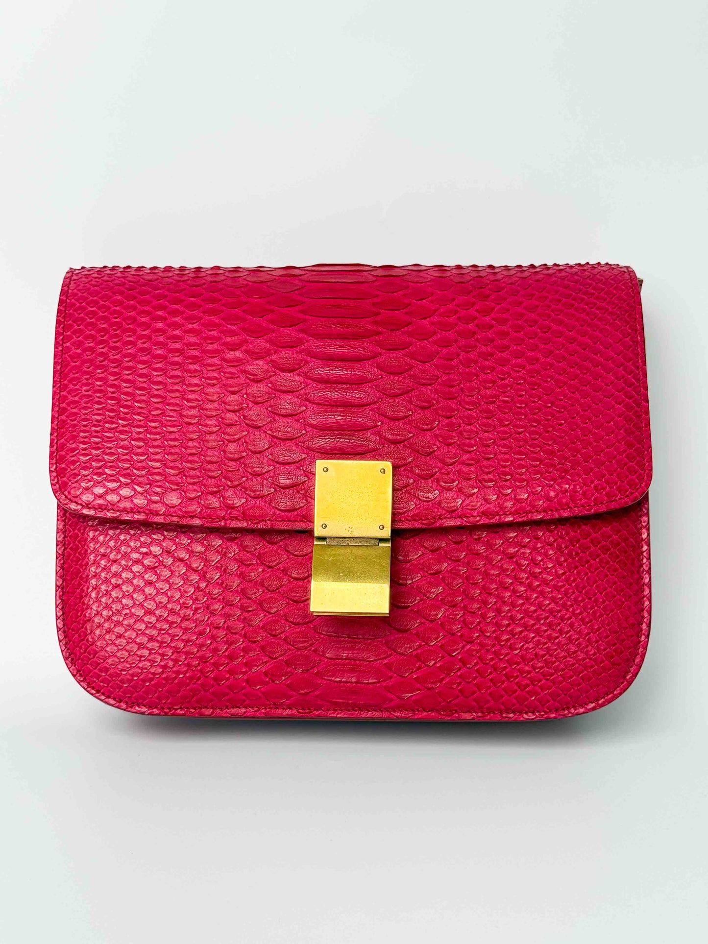 (A98) Celine Fuschia Pink Python Box Bag Gold Hardware