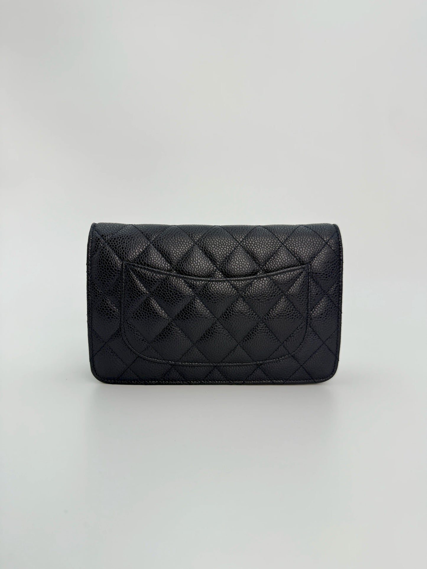 (AJ21) Chanel Navy Black Caviar Wallet on Chain, Silver Hardware