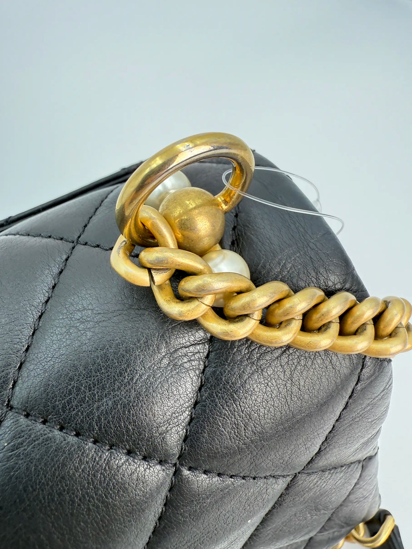 (AJ13) Chanel Black Quilted Calf Leather Pearl Accordion Small Flap Bag, Gold Hardware