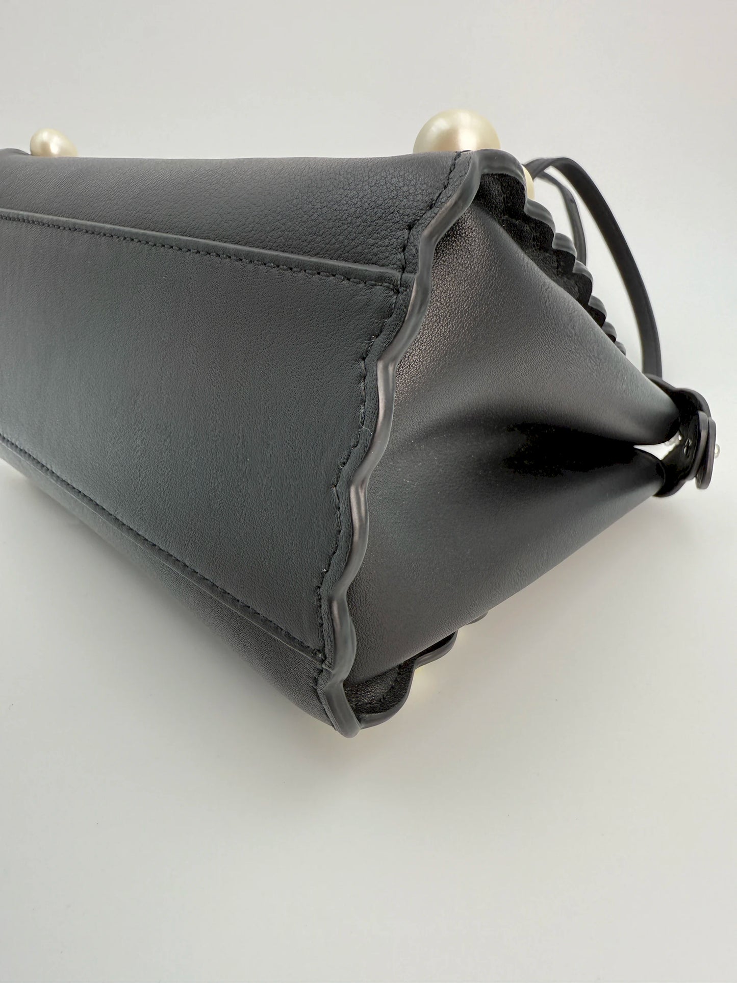 (AJ17) Fendi Black Calf Leather Pearl Embellished Small Peekaboo, Silver Hardware