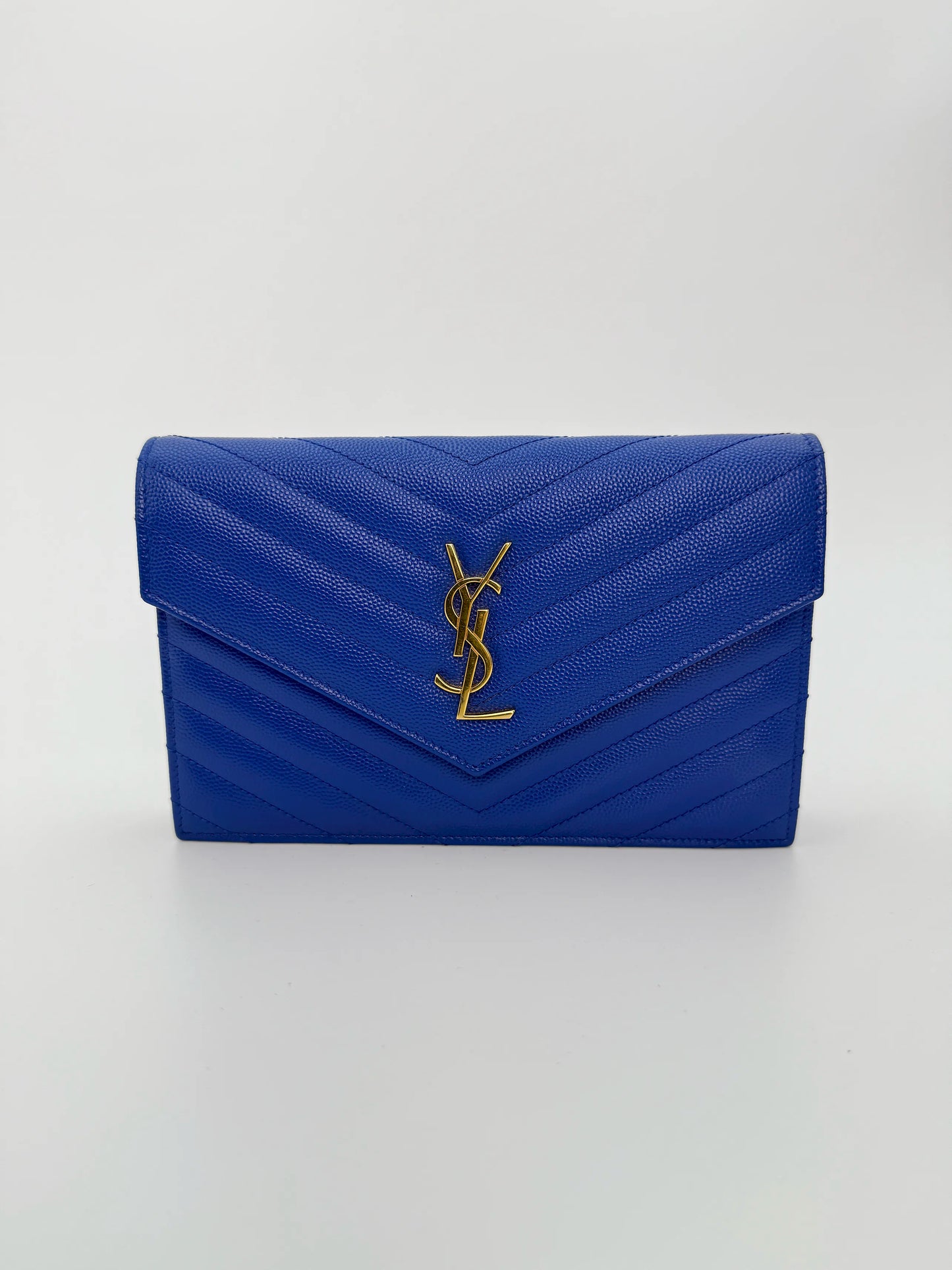 (AJ27) YSL Blue Caviar Cassandre Wallet on Chain, Gold Hardware