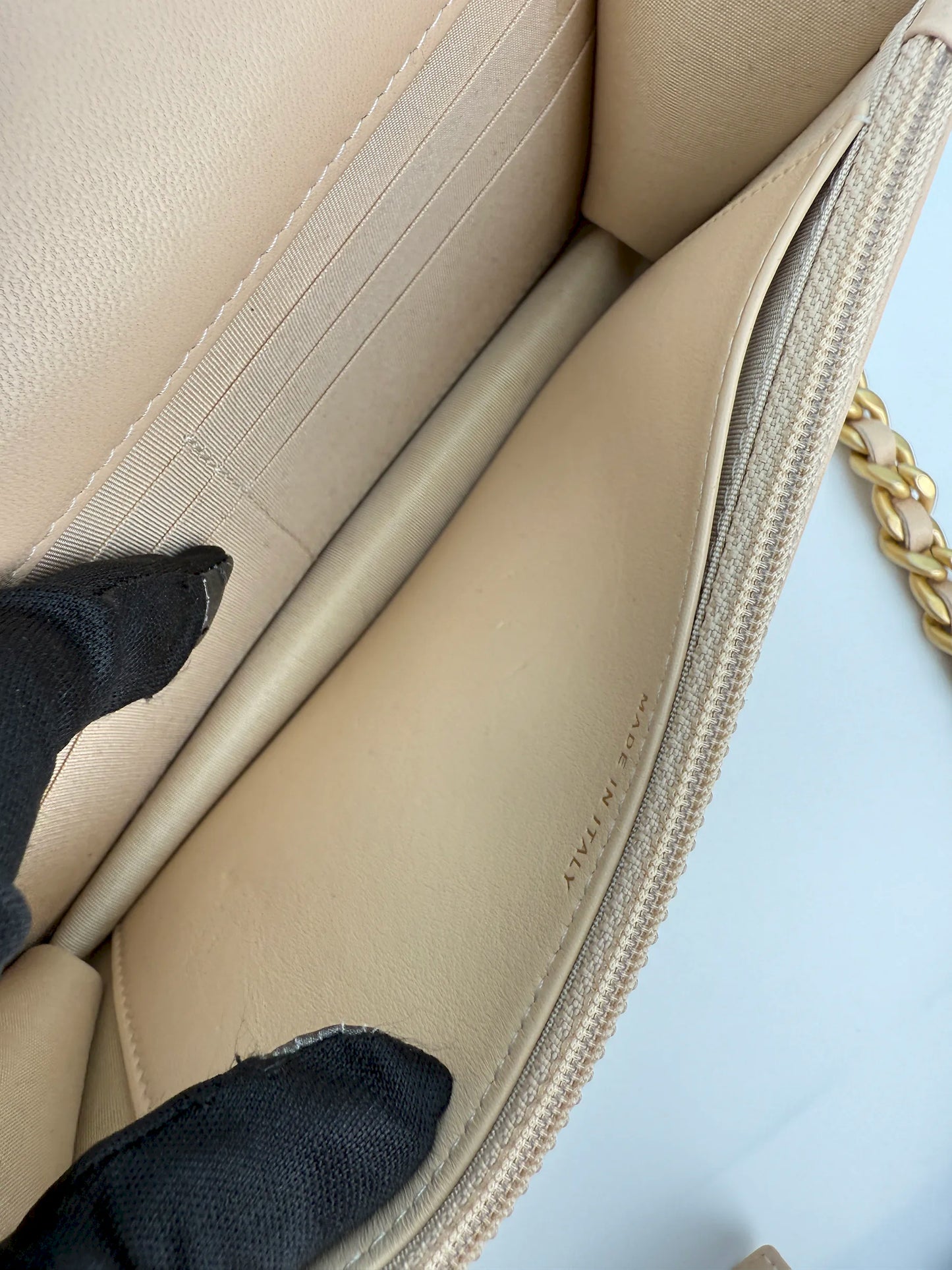 (AJ35) Chanel Beige Lambskin 19 Wallet on Chain, Gold & Silver Hardware