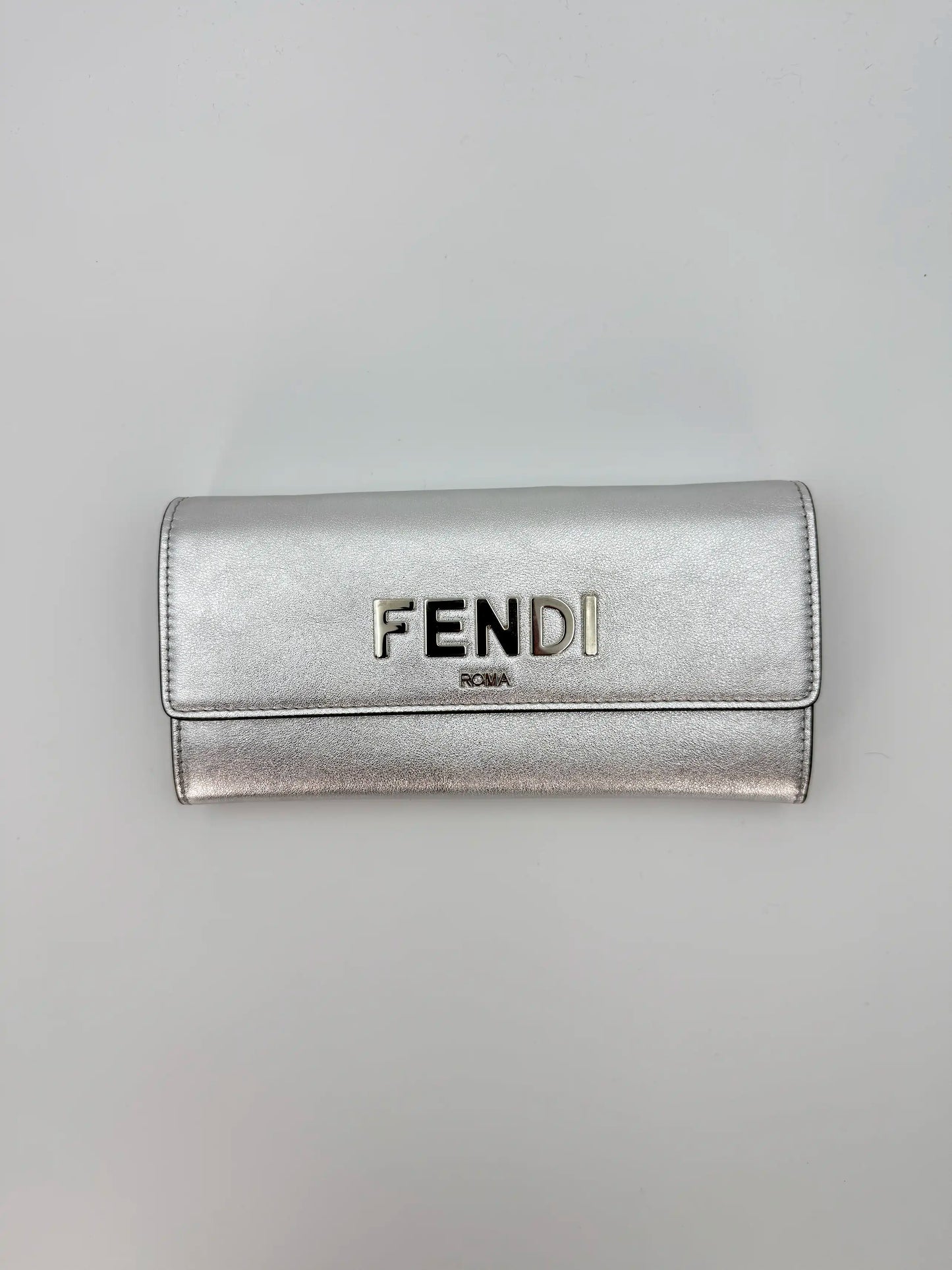 (AJ41) Fendi Silver Calf Leather Wallet on Chain, Silver Hardware