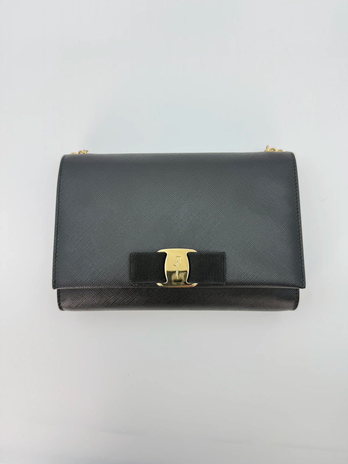 (AJ42) Ferragamo Black Calf Leather Vara Bow Mini Bag, Gold Hardware