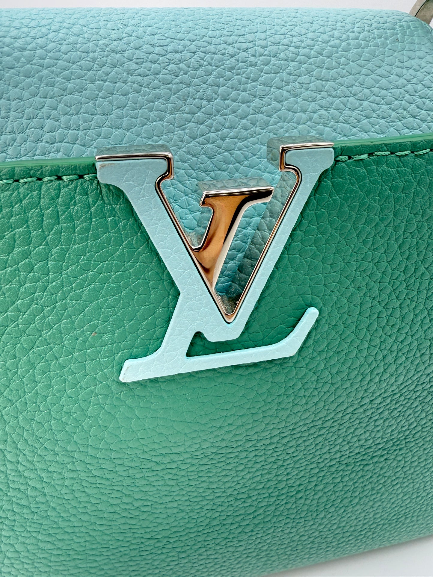 (AJ52) Louis Vuitton Green/Blue Calf Leather Taurillon Medium Capucines, Silver Hardware