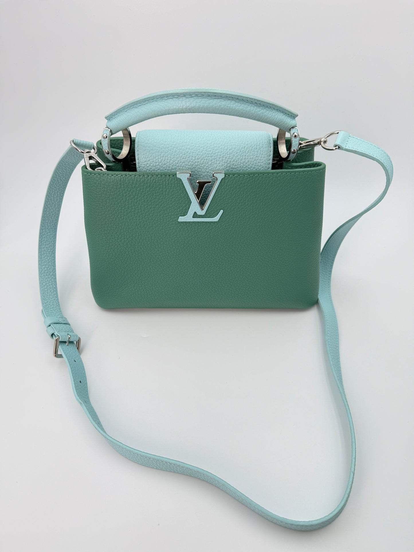 (AJ52) Louis Vuitton Green/Blue Calf Leather Taurillon Medium Capucines, Silver Hardware