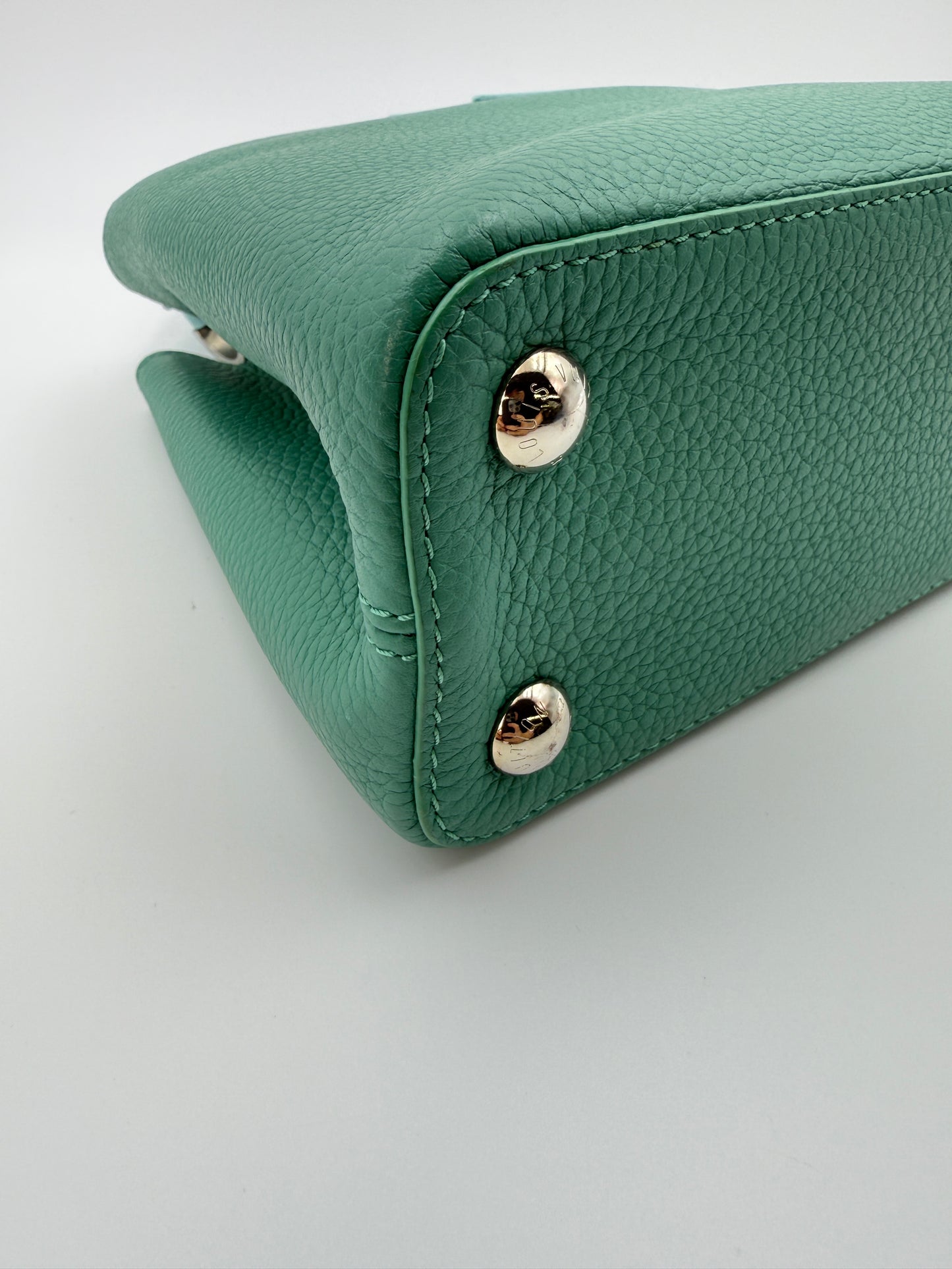 (AJ52) Louis Vuitton Green/Blue Calf Leather Taurillon Medium Capucines, Silver Hardware