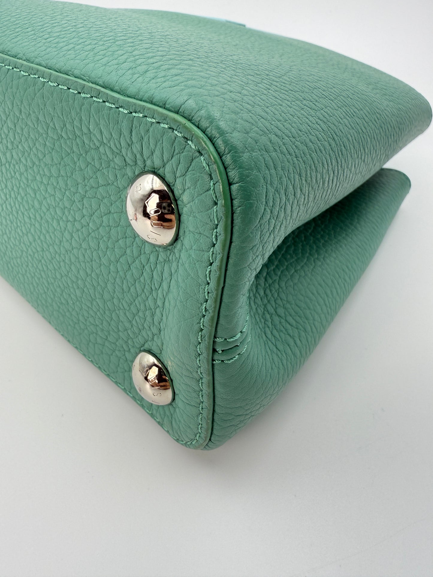 (AJ52) Louis Vuitton Green/Blue Calf Leather Taurillon Medium Capucines, Silver Hardware