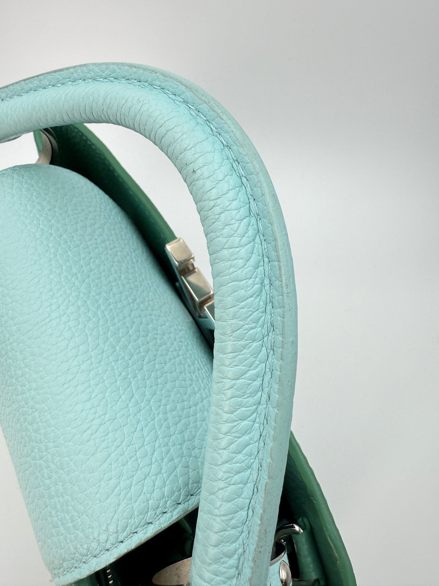 (AJ52) Louis Vuitton Green/Blue Calf Leather Taurillon Medium Capucines, Silver Hardware