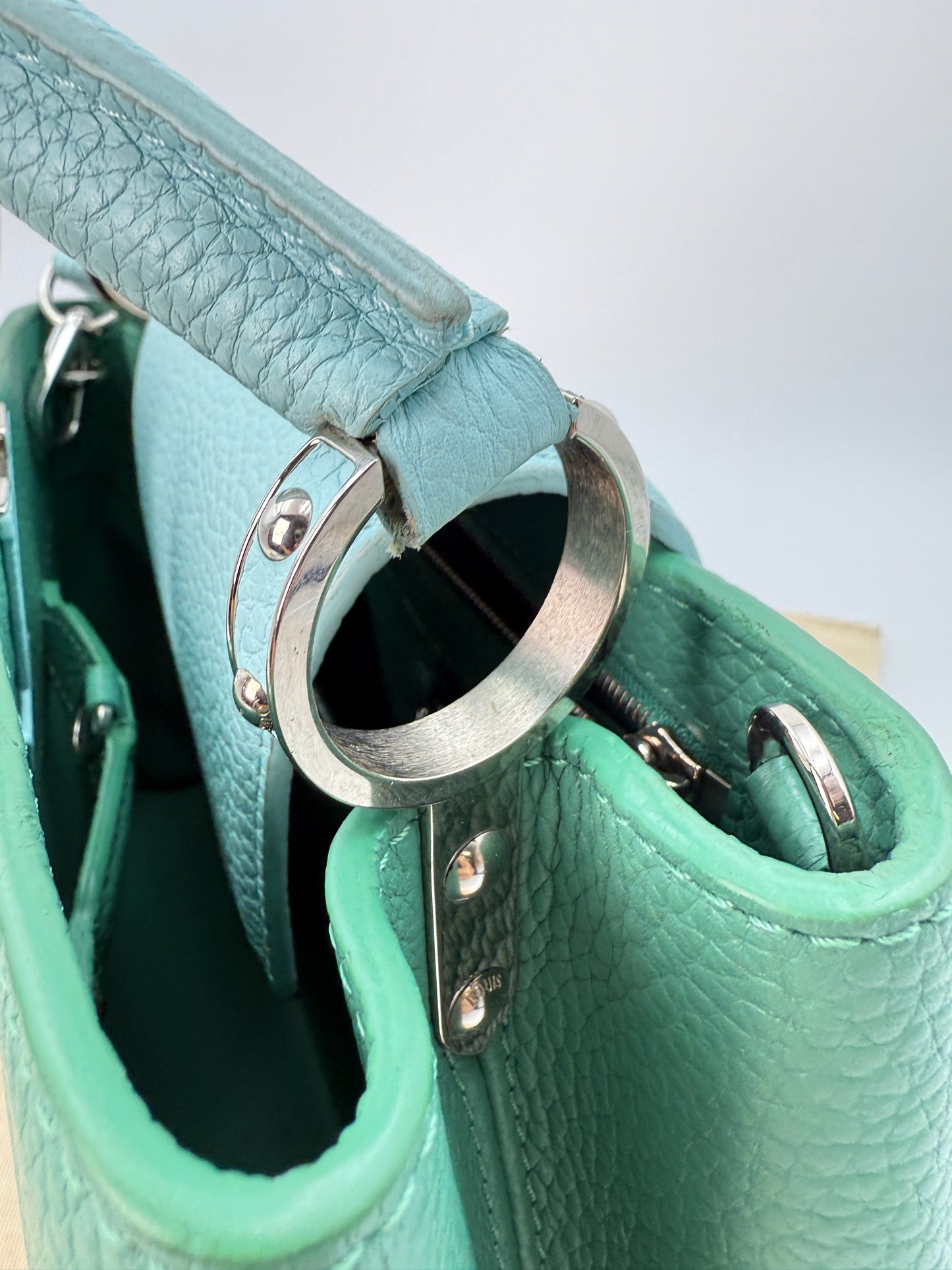 (AJ52) Louis Vuitton Green/Blue Calf Leather Taurillon Medium Capucines, Silver Hardware
