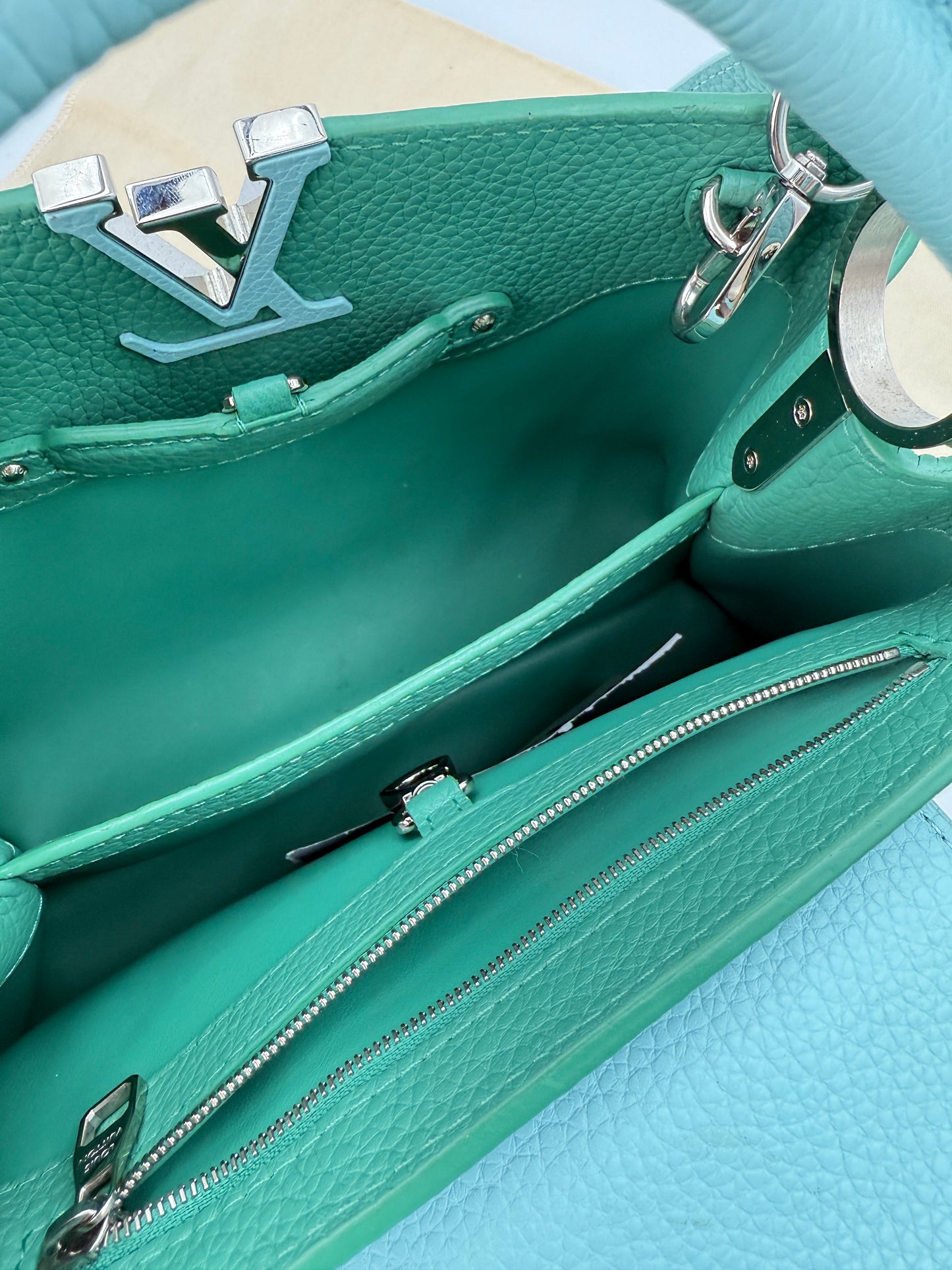 (AJ52) Louis Vuitton Green/Blue Calf Leather Taurillon Medium Capucines, Silver Hardware
