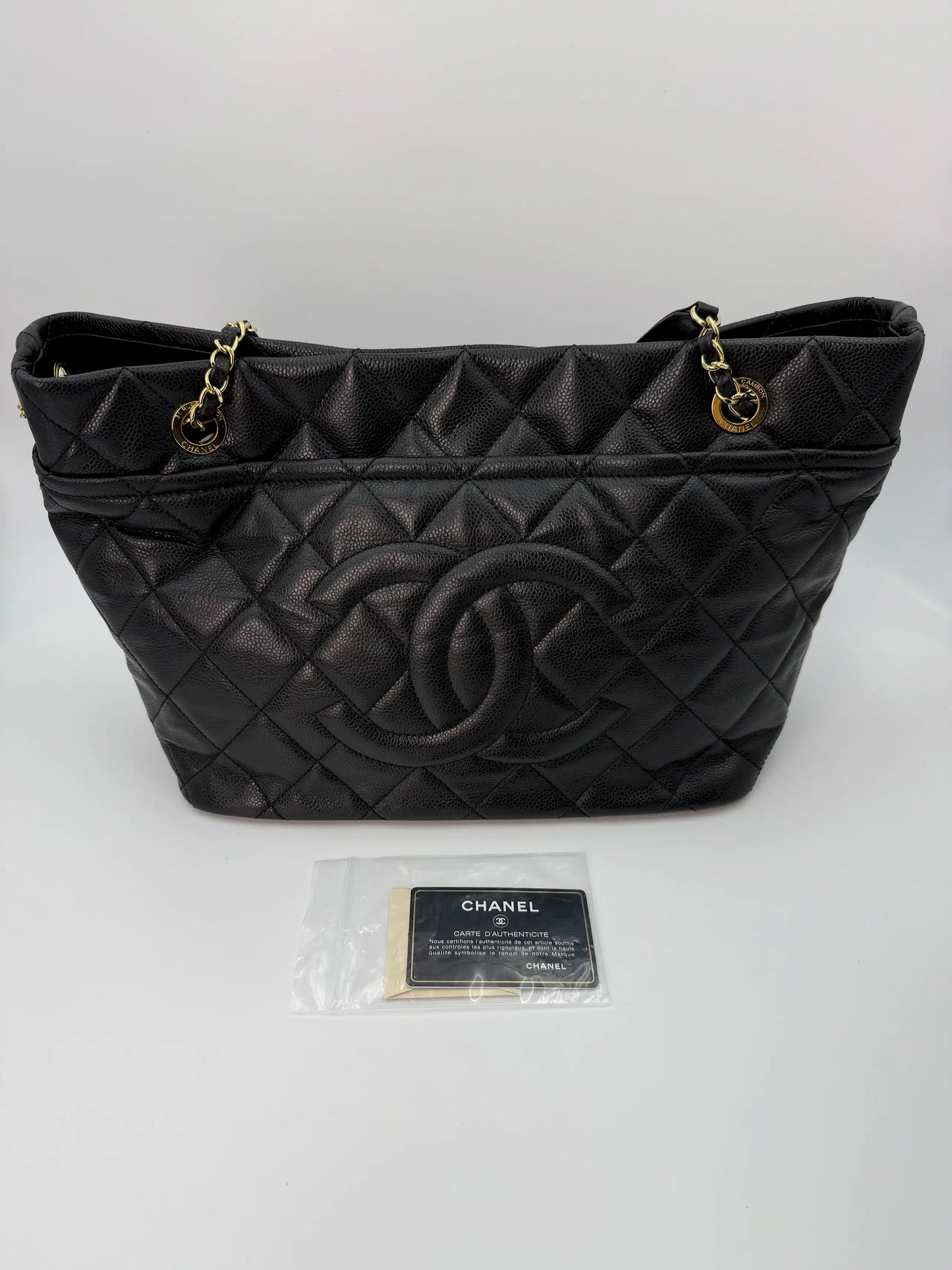 (AJ55) Chanel Black Caviar Timeless Tote, Gold Hardware