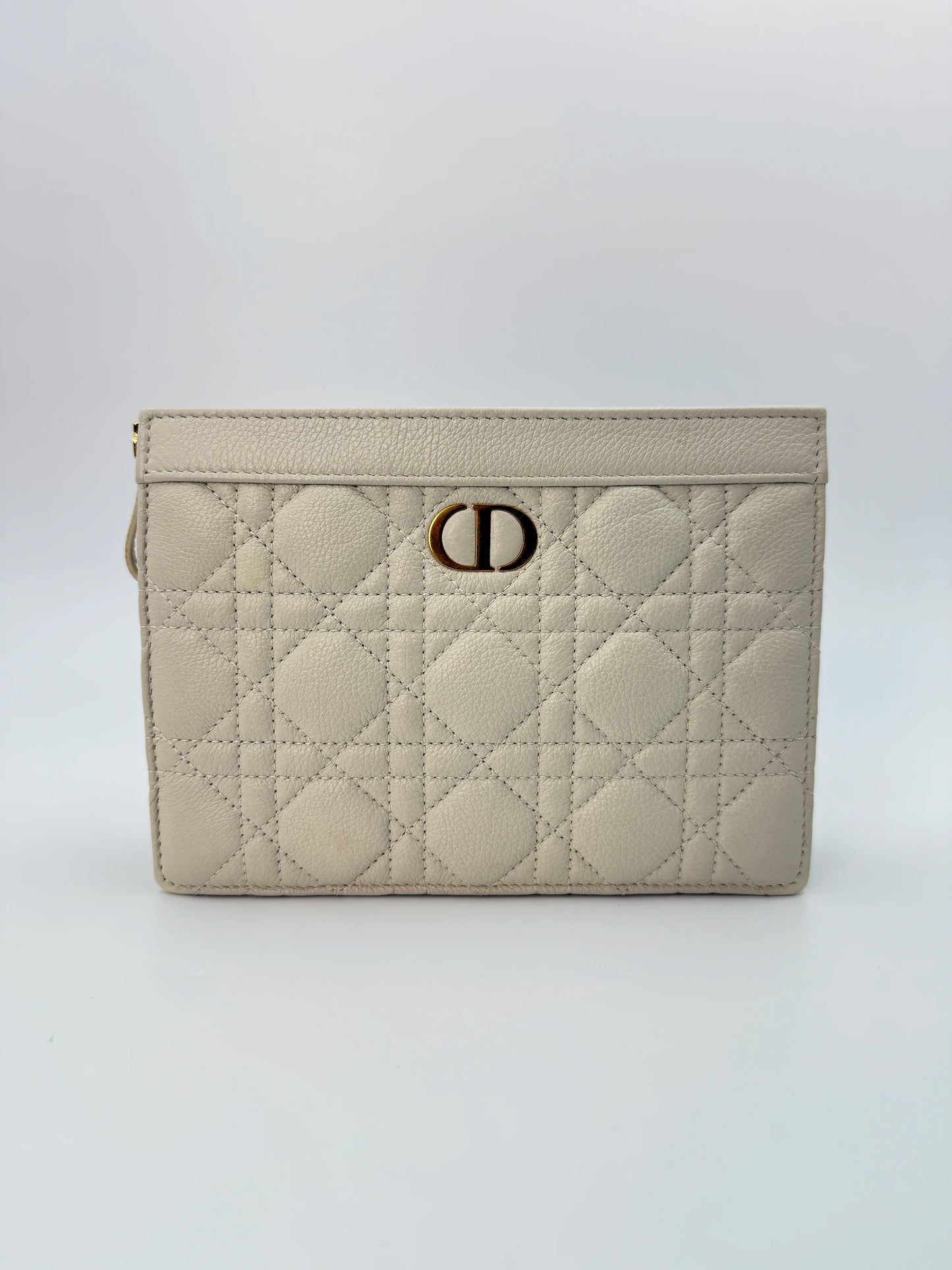 (AJ58) Christian Dior Ivory Calf Leather Caro Pouch Crossbody, Gold Hardware