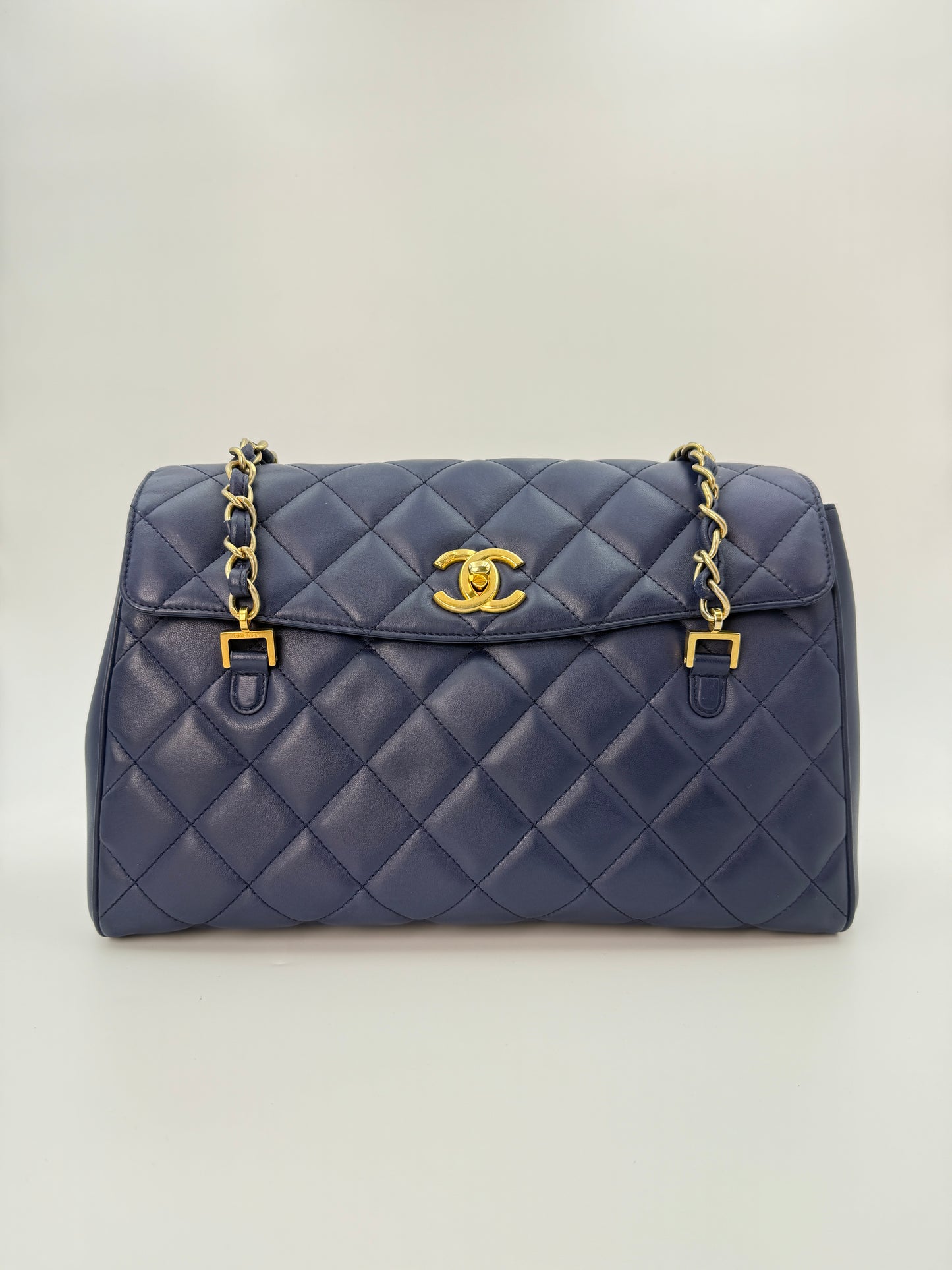 (AJ60) Chanel Navy Blue Calf Leather Misa Camera Flap Bag, Gold Hardware