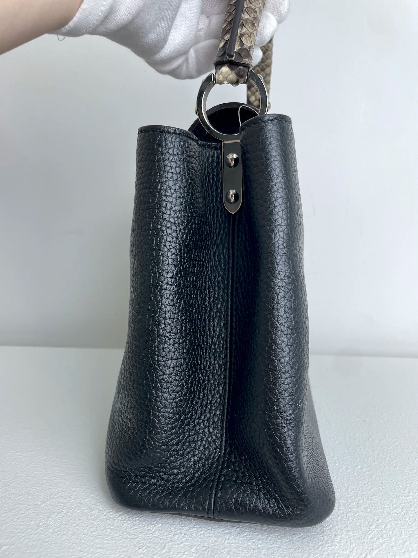 (A28) Louis Vuitton MM Black with Python Capucines Silver Hardware Python and Leather Strap