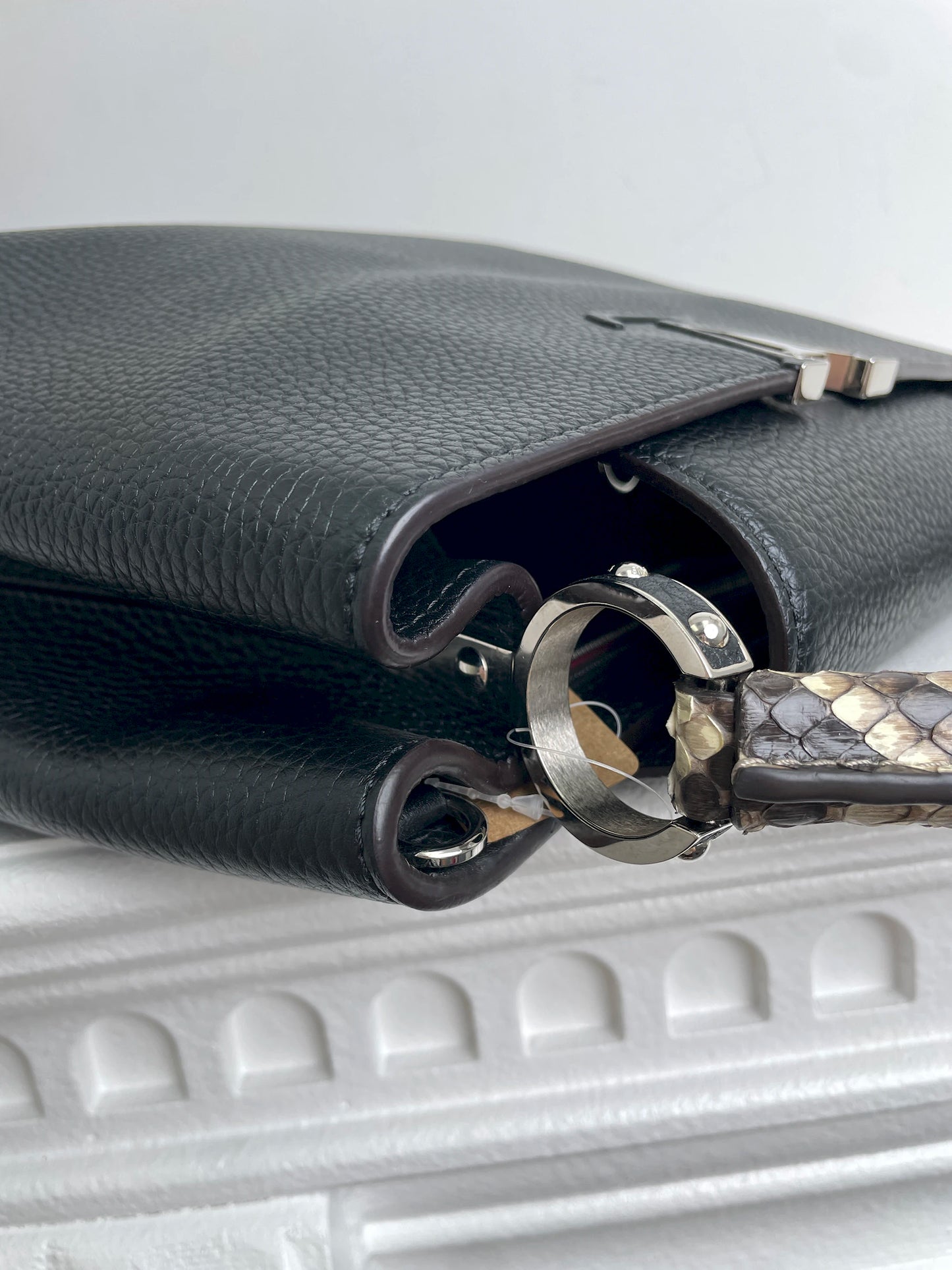 (A28) Louis Vuitton MM Black with Python Capucines Silver Hardware Python and Leather Strap