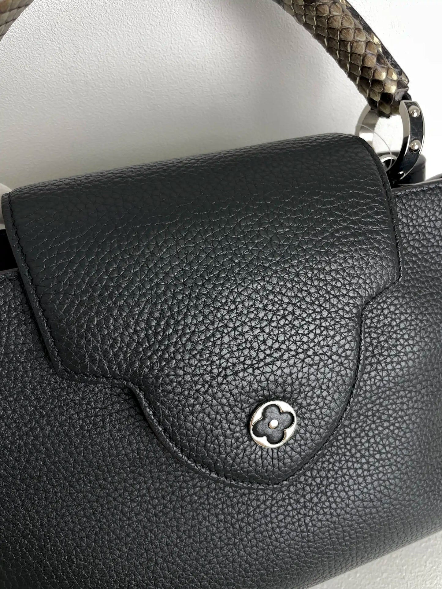 (A28) Louis Vuitton MM Black with Python Capucines Silver Hardware Python and Leather Strap