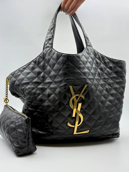 (AJ61) YSL Black Lambskin Quilted Maxi Icare Tote Bag, Gold Hardware