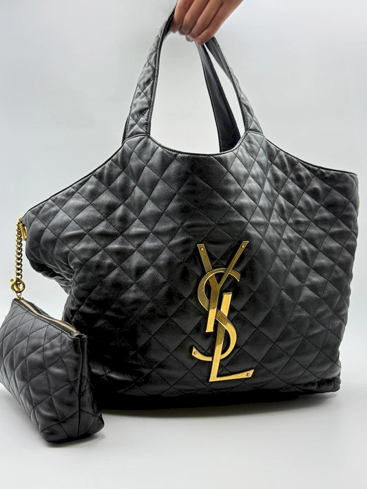 (AJ61) YSL Black Lambskin Quilted Maxi Icare Tote Bag, Gold Hardware