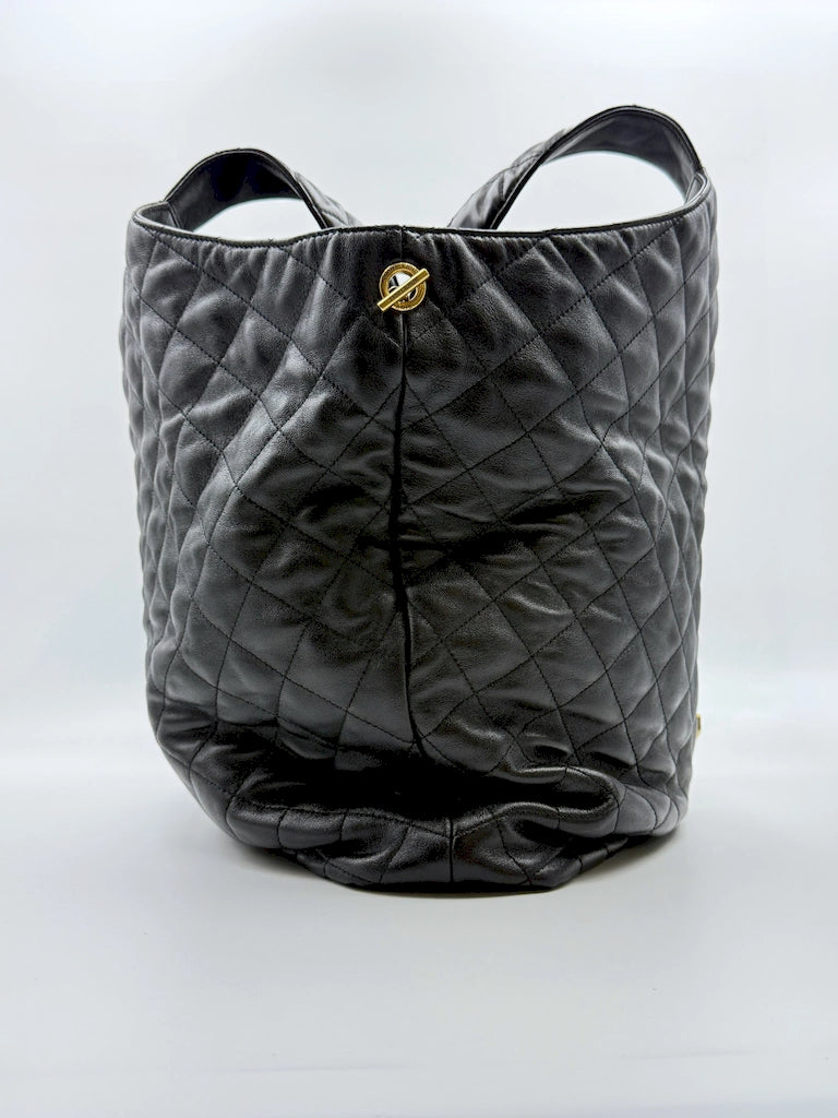 (AJ61) YSL Black Lambskin Quilted Maxi Icare Tote Bag, Gold Hardware