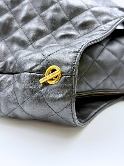 (AJ61) YSL Black Lambskin Quilted Maxi Icare Tote Bag, Gold Hardware