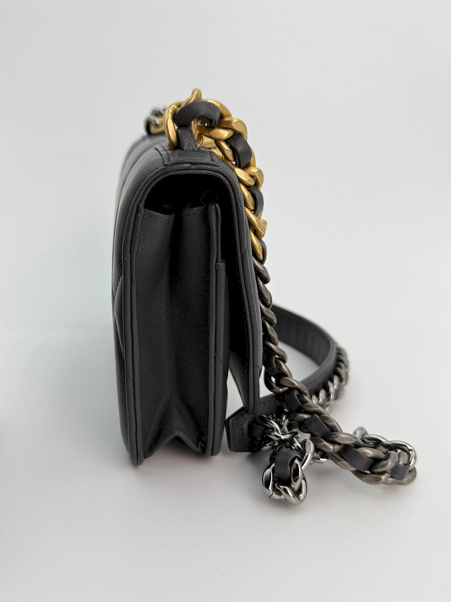 (AJ18) Chanel Grey Lambskin 19 Wallet on Chain, Gold/Silver/Ruthenium Hardware