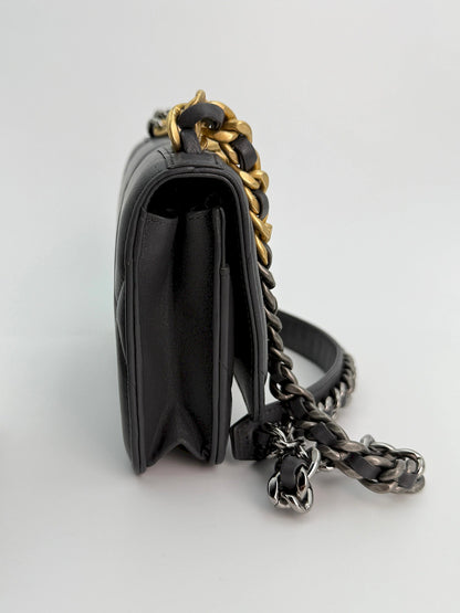 (AJ18) Chanel Grey Lambskin 19 Wallet on Chain, Gold/Silver/Ruthenium Hardware