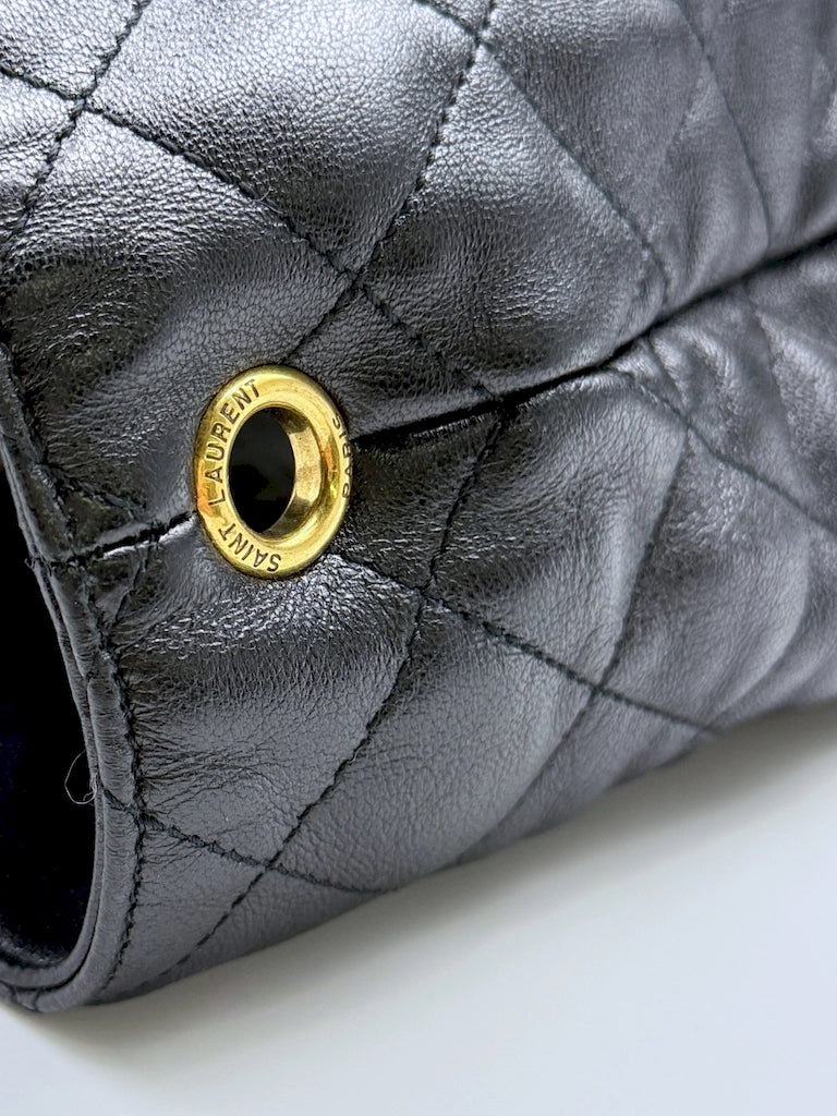 (AJ61) YSL Black Lambskin Quilted Maxi Icare Tote Bag, Gold Hardware