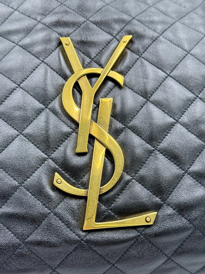 (AJ61) YSL Black Lambskin Quilted Maxi Icare Tote Bag, Gold Hardware