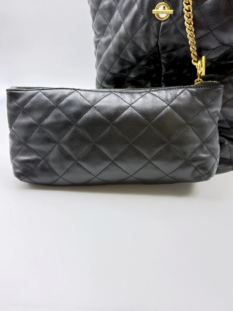 (AJ61) YSL Black Lambskin Quilted Maxi Icare Tote Bag, Gold Hardware