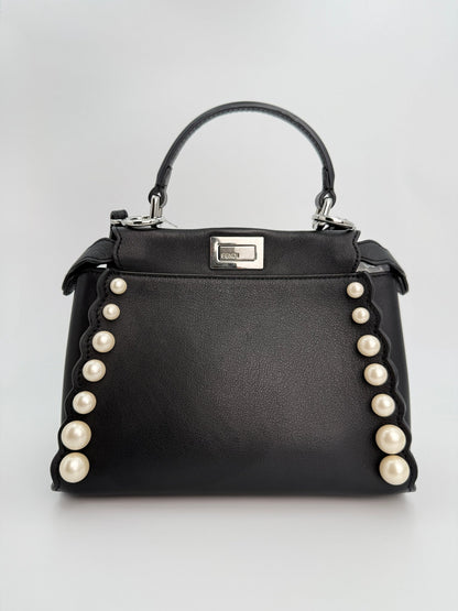 (AJ17) Fendi Black Calf Leather Pearl Embellished Small Peekaboo, Silver Hardware